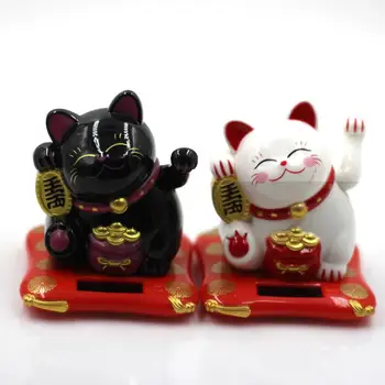 

Fashion New Black/White Solar Powered Maneki Neko Welcoming Fortune Cat Lucky For Home Car Hotel Restaurant Decor Craft