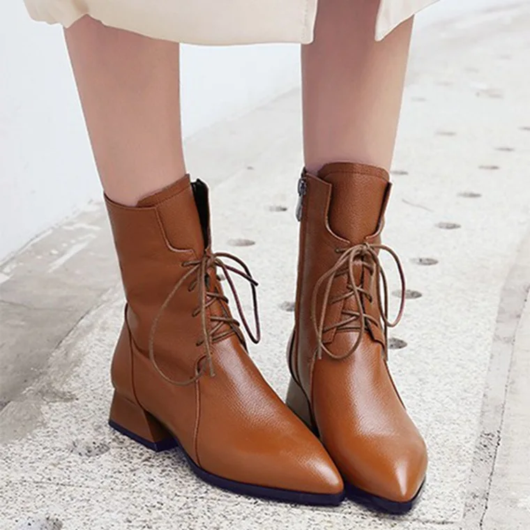 

Fashion Female Spring Autumn Mid-Calf Boots Lace-Up Zip Pointed Toe Women Boots Women Genuine Leather Short Boots Zapatos Mujer