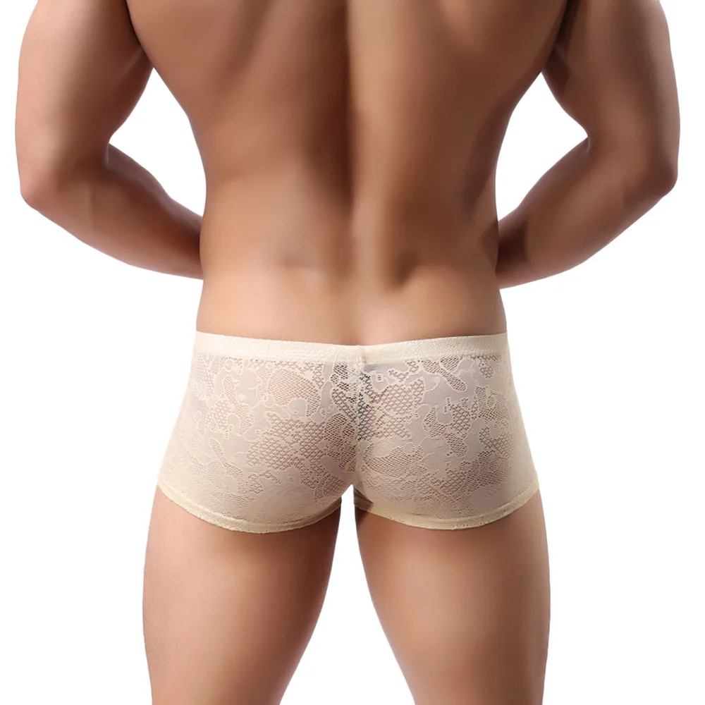 2017 New Fashion Mens Sexy Translucent Boxer Briefs Intimates Soft Lace Floral Ventilate Exotic Boxer Sexy Shorts Underpants -