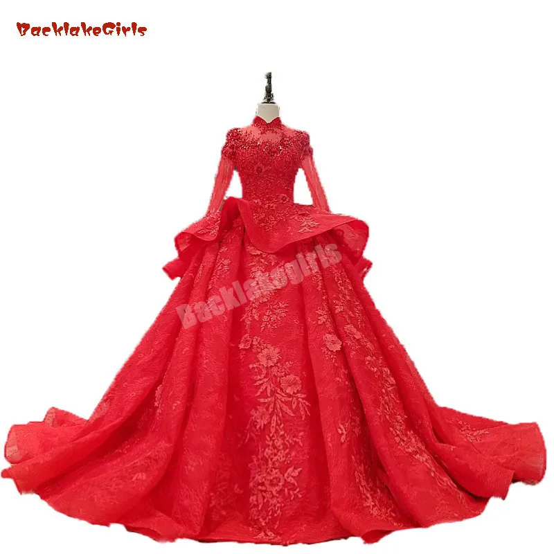 Бальное платье Quinceanera платья для женщин Красный Высокая средства ухода за кожей шеи кружево аппликация Одежда с длинным рукавом Тюль Пышные