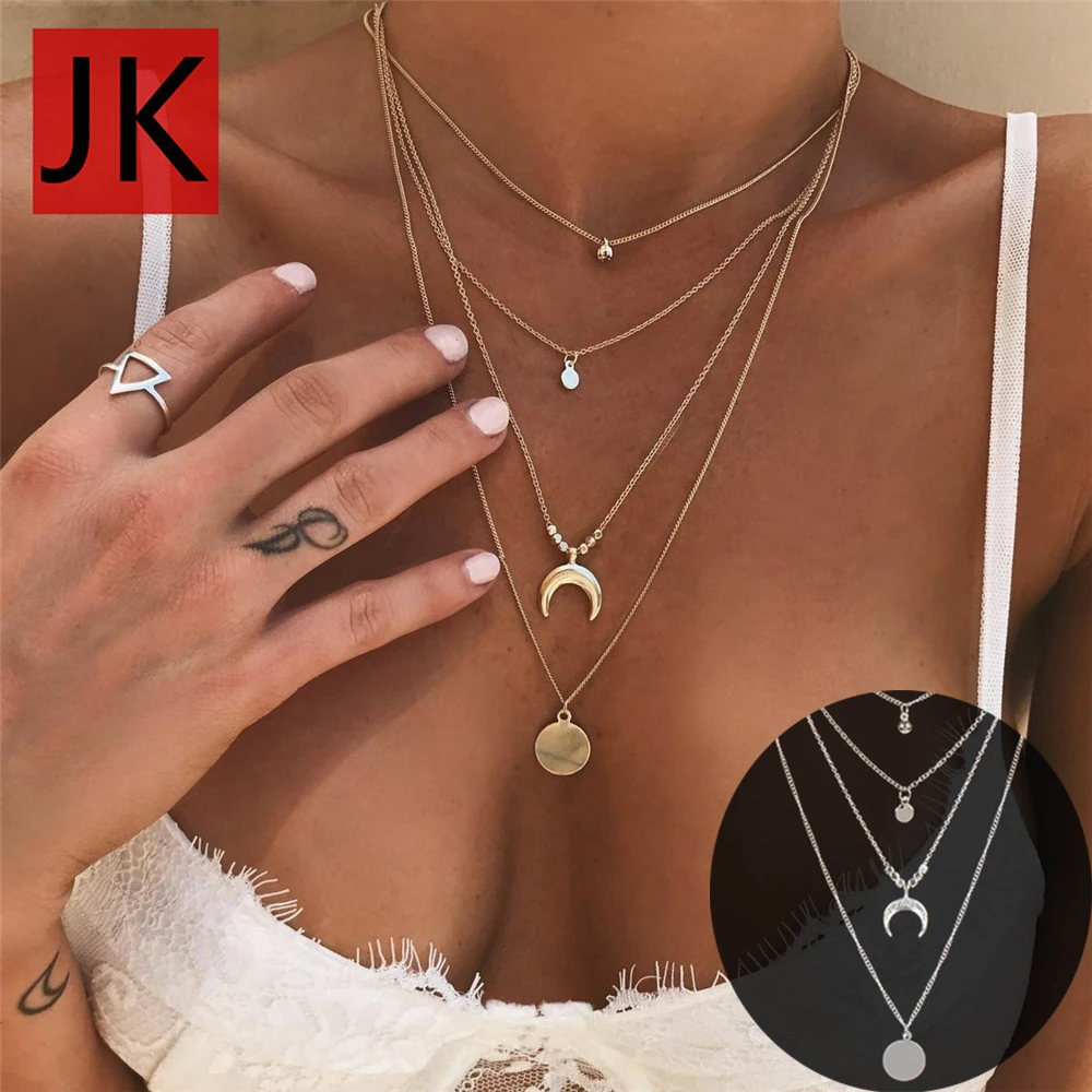 

Gold Color Long Tassel Moon Necklaces & Pendants For Women Multi Layer Sequins Choker Necklace Crystal Eye Earth Star Chokers JK