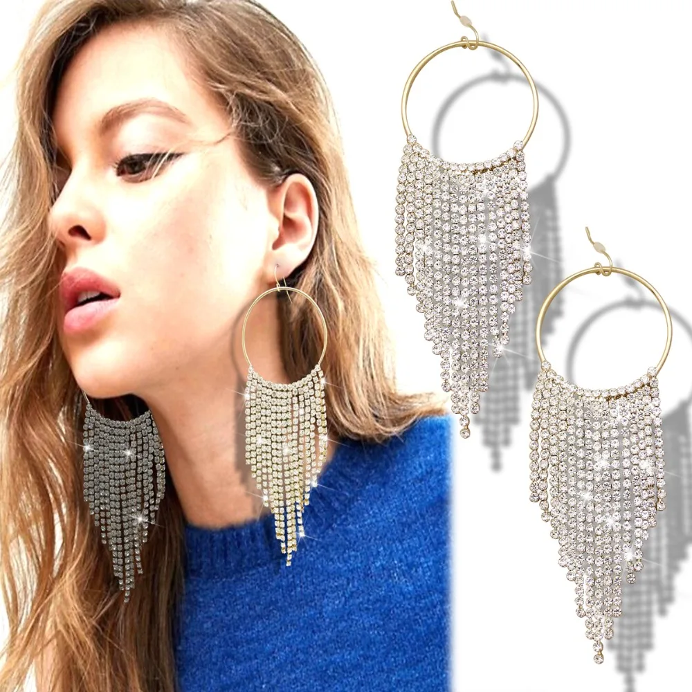 Sparkly Crystal Cascade Waterfall Long Tassel Gold Hoop Runway Baroque Drop Dangle Earrings