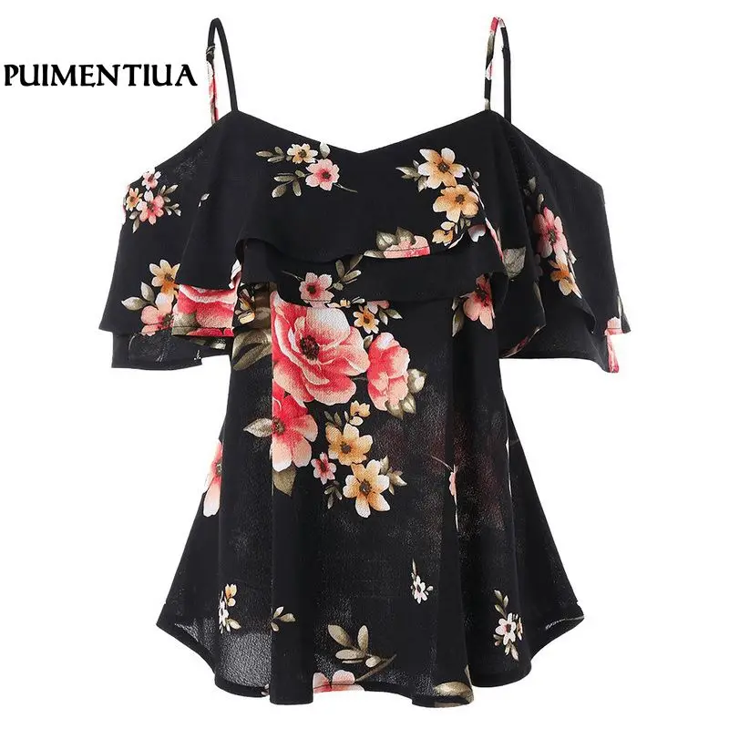 

Puimentiua Women Summer Floral Print Shirts Fashion Ruffle Tops Sexy Strapless Chiffon Blouses Female Casual Plus Size Blusas
