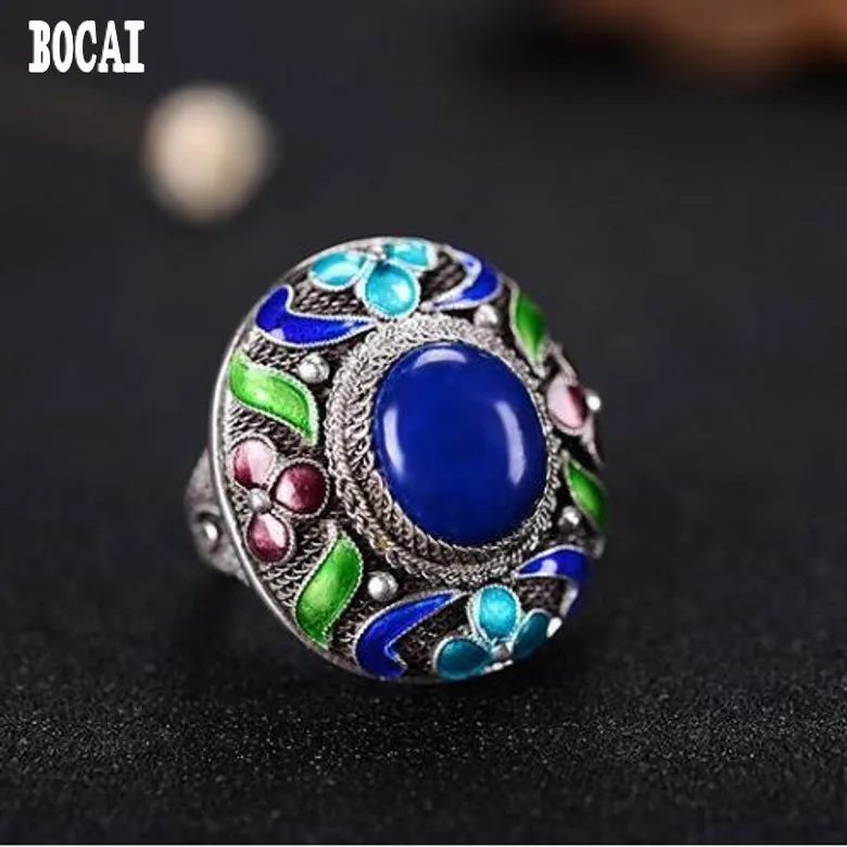 

Filigree inlaid enamel point green 925 silver beeswax ring ladies vintage ring handmade