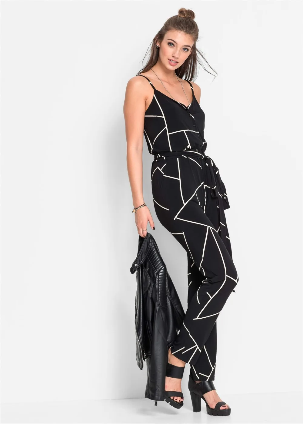 Women Summer Casual Printed Black White Long Jumpsuits V Neck Buttons