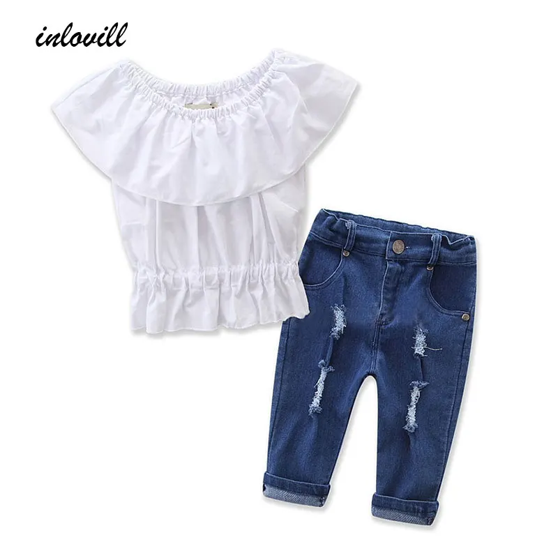 

2018 New Fashion Children Girls Clothes Off shoulder Crop Tops White+ Hole Denim Pant Jeans 2PCS Toddler Kids Clothing