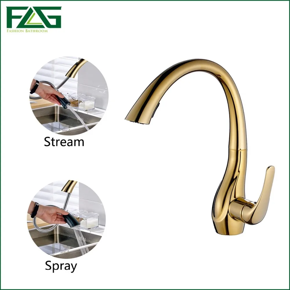 FLG Kitchen Faucets Deck Mounted Single Handle Hole Golden Plate All Around Rotate Swivel 2 Function