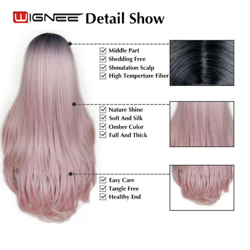 Wignee pelucas rectas de fibra sintética resistente al calor de alta densidad para mujeres Ombre rosa/gris/sin pegamento Cosplay Natural peluca de pelo Wignee pelucas rectas de fibra sintética resistente al calor de alta densidad para mujeres Ombre rosa/gris/sin pegamento Cosplay Natural peluca de pelo