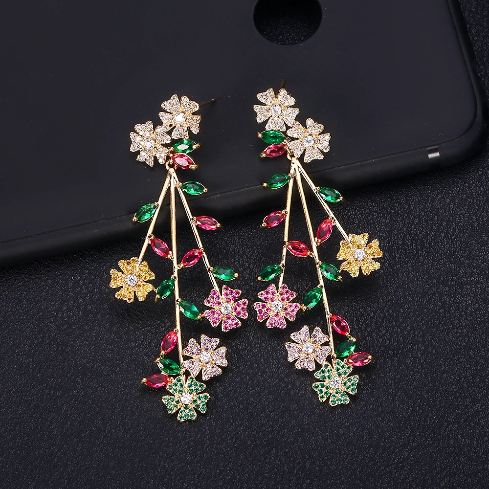 

Accking luxury flower leaves Shape drop Earrings Cubic Zirconia Women Wedding Big Earrings Bijoux