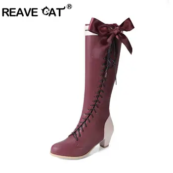 

REAVE CAT large size 45 Sweet women Lolita knee boots chunky high heels shoes bowtie lady riding boots long booties black gray