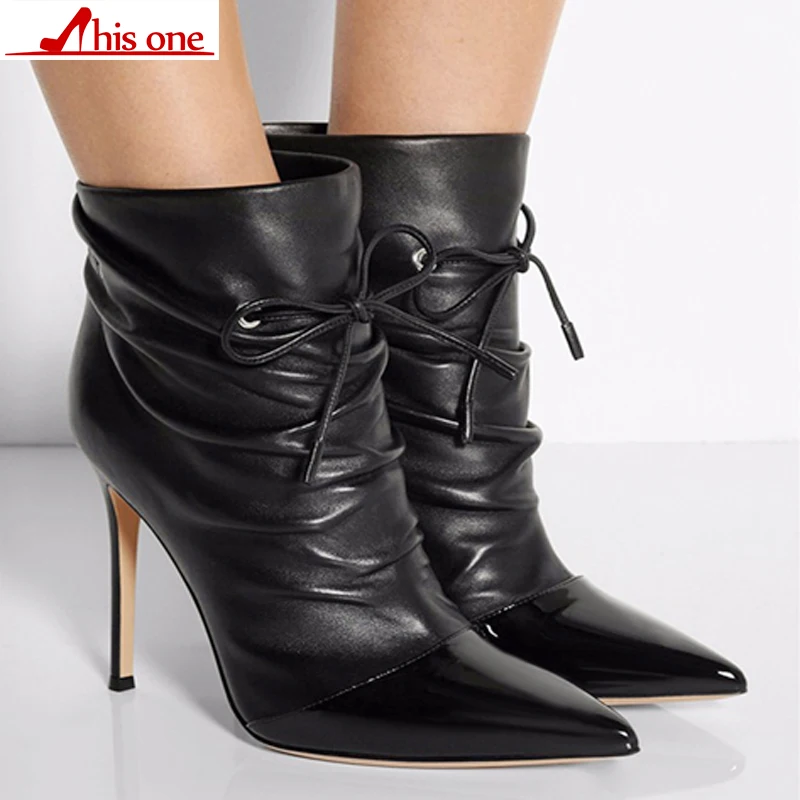 

Black Women Ankle Boots 2019 New Sexy high heels cross-tied pointed toe Stilettos Shoes Fashion Sexy Boots big size 35- 47