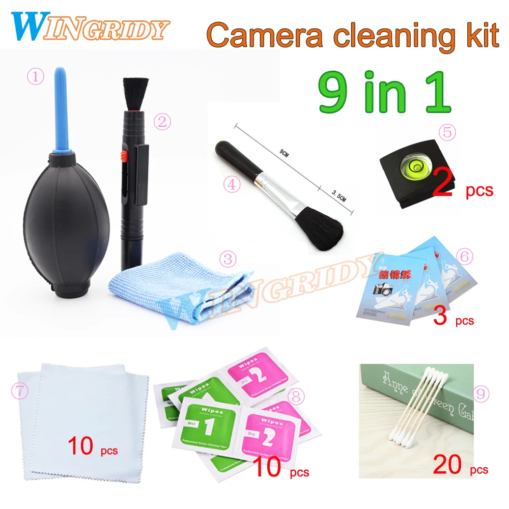 9 in1 объектив Cleaning Kit воздуходувка развертки сухой мокрой ткани горячий башмак Уровень бумагу для очистки объектива камеры Lenspen экран ткань