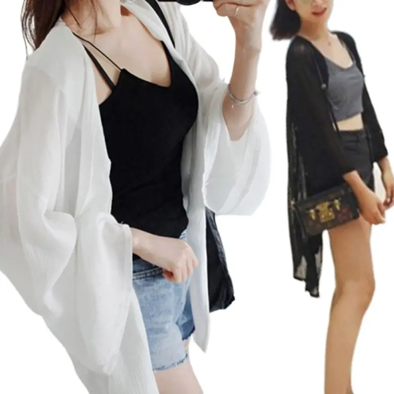 

Chiffon 3/4 Flare Sleeves swim suit Cover Up Semi See-Through Plain Solid Color Midi Kimono Cardigan Plus Size Oversized Beach