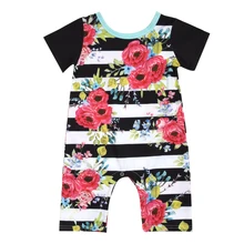 Striped Floral Baby Rompers Infant Baby Girls Short Sleeve Jumpsuit Outfit Toddler Kids Summer Sunsuit