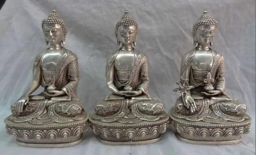 

free 20.3 cm */Tibet Silver Dragon Buddhinsm 3 Shakyamuni Buddha Set Medicine Statue fast