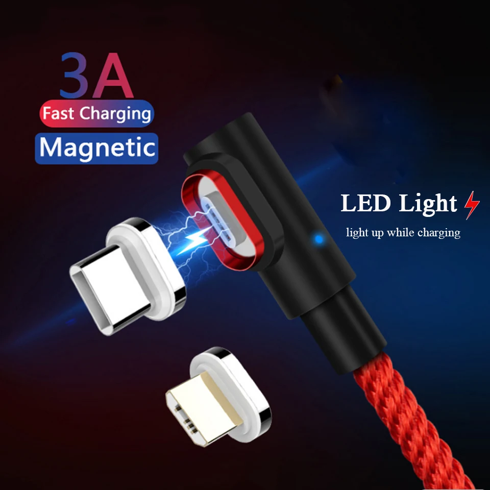 

2m Magnetic USB C Charging Cable 90 Degree Led Micro Usb Cable Magnet Plug for Nokia 9 Pureview Google Pixel 3A XL Lenovo Z6 Pro