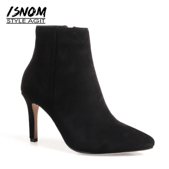

ISNOM 2018 New High Heels Ankle Boots Women Winter Pointed Toe Cow Suede Boots Fashion Warm Shoes Short Plush Winter Footwear