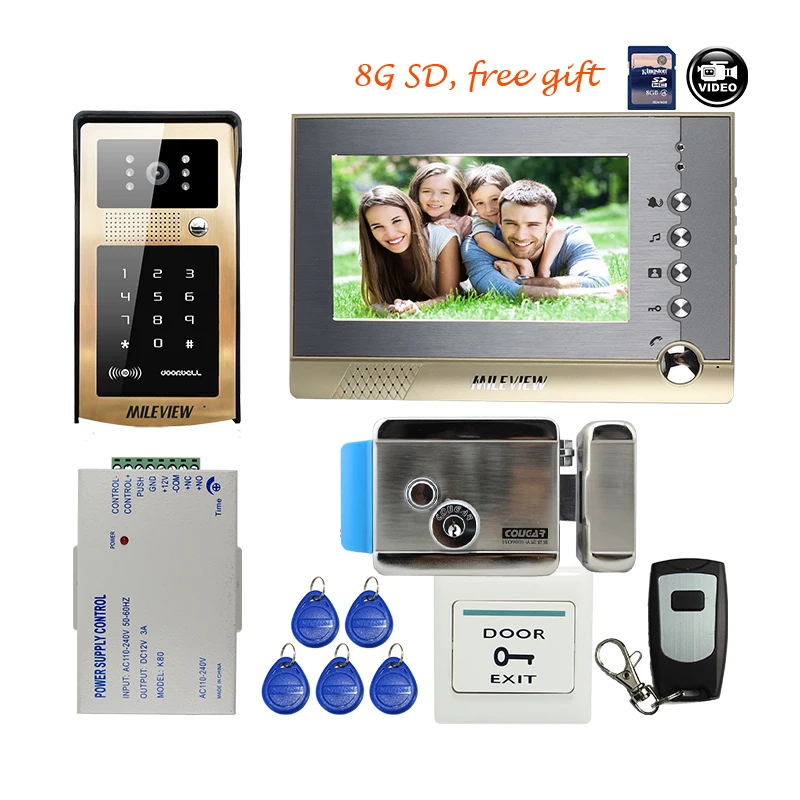 

Free Shipping 7" LCD Screen Record Video Door Phone Intercom System + Golden Outdoor RFID Code Keypad Camera Electronic Lock