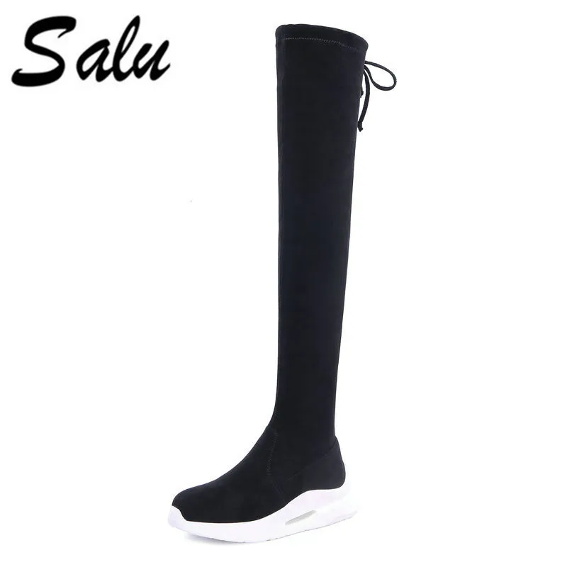 

Salu Thigh High Boots Stretch Women Leather Platform Over the Knee Boots Mid Heel Comfortable Shoes Women New