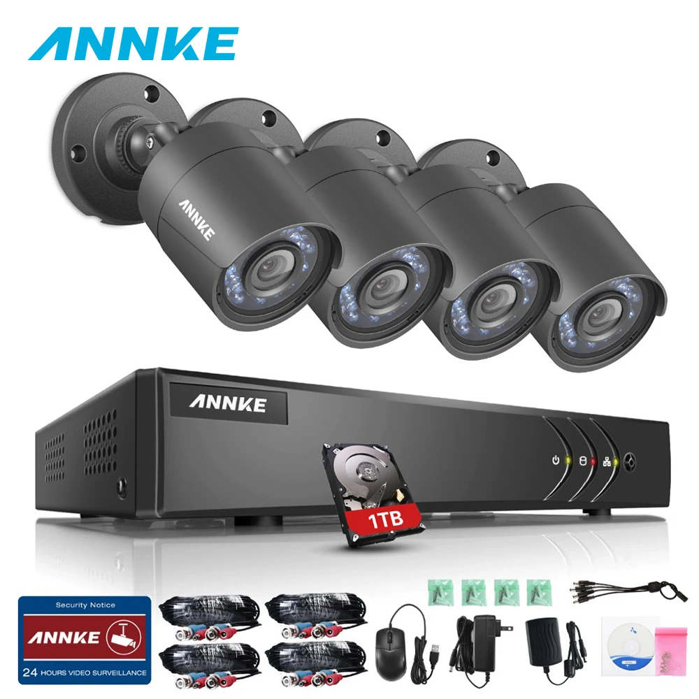 

ANNKE 100W 4CH FHD 5in1 Security Surveillance System 720P Video Recorder 4PCS 720P TVI Outdoor Weatherproof Smart IR Cut Cameras