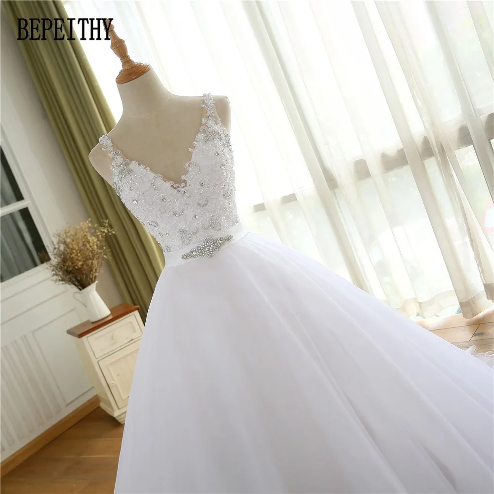 BEPEITHY Vestido De Novia Новое поступление v-образный вырез линия Кружевная аппликация с бусинами Пояс Свадебные платья Тюль свадебное платье