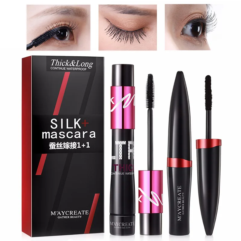 

High Quality 2pcs Women Mascara Set Eyelash Lengthening Curling Waterproof Silk Fibers Grafting Black Eye Mascara