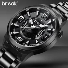 BREAK Men Top Luxury Brand Stainless Steel Band Fashion Casual Analog Quartz Sports Wristwatches Calendar Dress