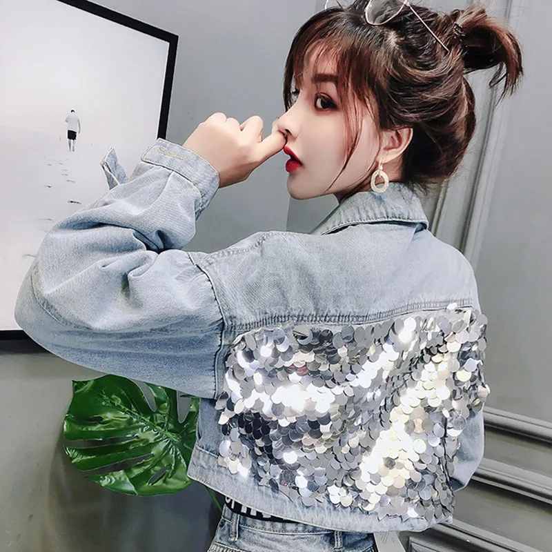 

Short back sequined denim jacket