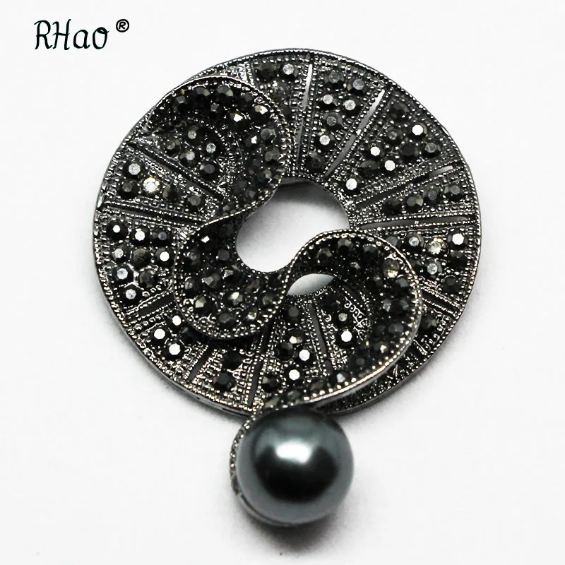 

RHao Elegant Black Crystal Rhinestone Round Brooches Scarf buckles Retro Black Waterdrop Flower Brooch pins for women men girls