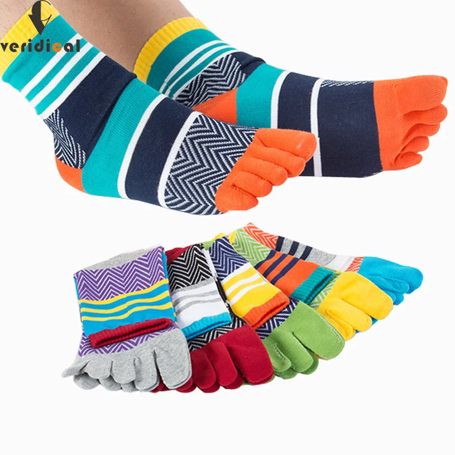 5 pasang / lot Mens Musim Panas Kaus Kaki Katun Bergaris Kontras Bercetak Patchwork Lelaki Lima Finger Socks Free Size Basket Calcetines