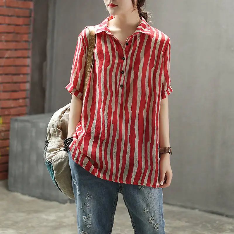 Flash Sale F & je nuevo estilo verano camisa de las mujeres de talla grande de manga corta Casual señoras Tops algodón rayado ropa de la vendimia para mujer blusa de mujer D4 x1V7ny5Z