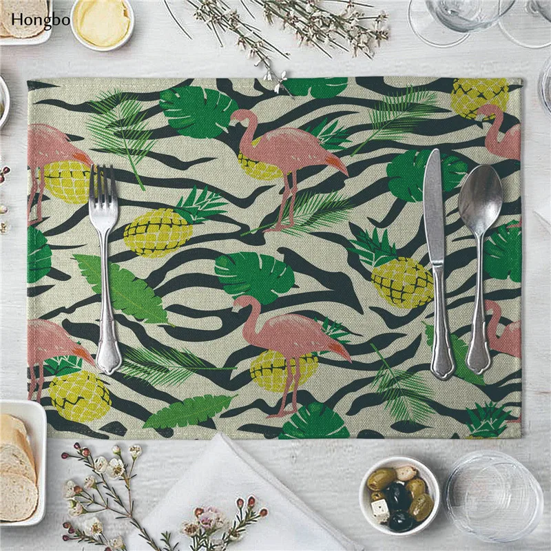 Linen Placemat Flamingo Tropical Plants Pattern Dining Table Mat Cloth Table Napkins for Wedding Kitchen Coffee Cup Mat Party De