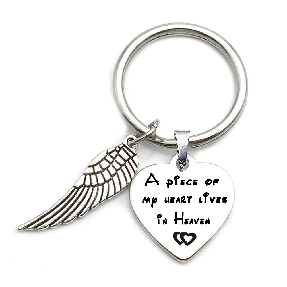 

316L stainless steel A piece of my heart lives in heaven unisex memorial key rings angel wing charm key chains wholesale