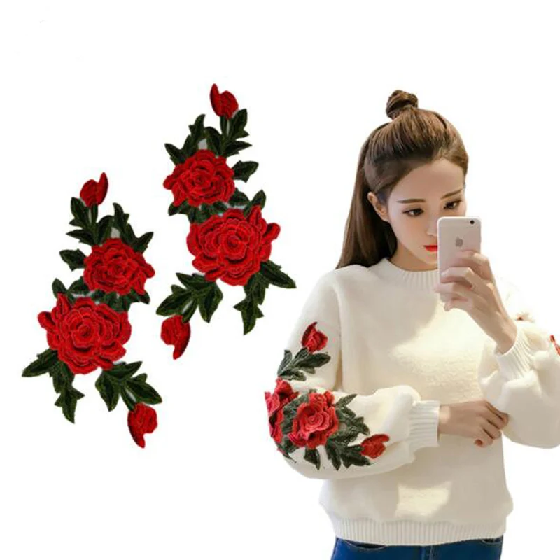 1 Pair Rose Flower Embroidery Sew On Patch Cloth Floral Collar Garment Applique