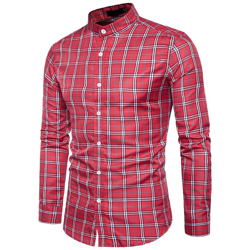 Europe Size S XXL Men's Casual Shirt Long sleeved Cotton Shirt Men Slim Fit Plaid Stand Collar