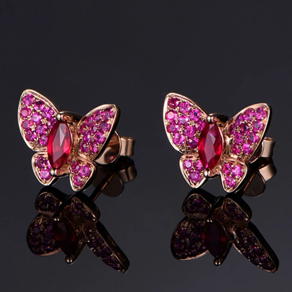 2017 Luxury Natural Anti-allergic Crystal Ruby Butterfly Stud Earrings for Women Fine Jewelry Wedding Gifts Fine Jewelry