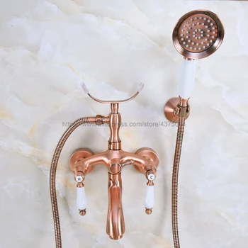 

Antique Red Copper Bathtub Faucet Wall Mount Handheld Bath Tub Mixer System with Handshower Telephone Style Nna363