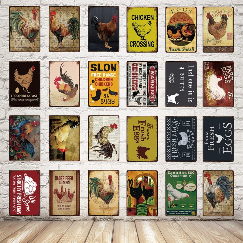 

[ Kelly66 ] Chicken Crossing Farm Fresh Eggs Metal Sign Tin Poster Home Decor Bar Wall Art Painting 20*30 CM Size Dy76