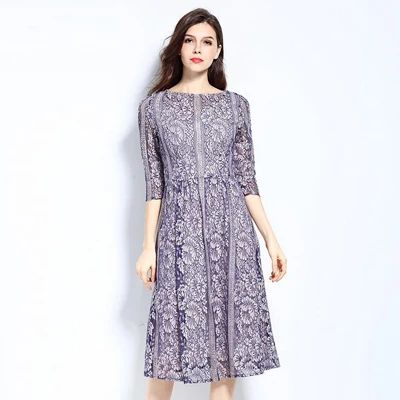 Blue Purple Color Chiffon Lace Dress Summer Dress Women 3/4 Sleeve Elegant High-waist Slim Dress 5XL Plus Size Vestidos - Цвет: blue purple