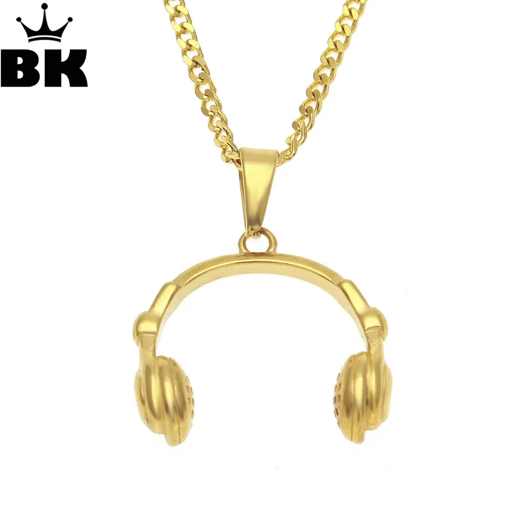 Headphone Pendant Music Jewelry DJ Necklace Mens Stainless Steel Hip