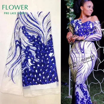 

New Royal Blue Sequins Net Lace Fabric African Sequined Embroidered Sequined Mesh Laces Women Prom Dress Fabrics Free Shipping