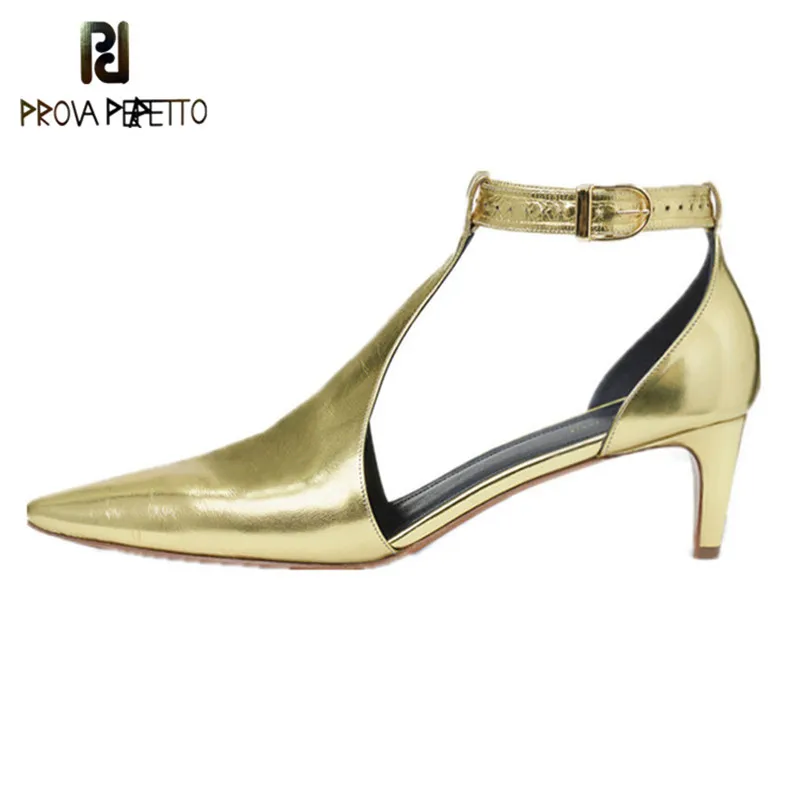 

Prova Perfetto Sexy Gold Pointed Toe Thin Heel Lady Pump Fashion T Strap Buckle Mid Heel Sandal 2018 Spring Summer Runway Shoes