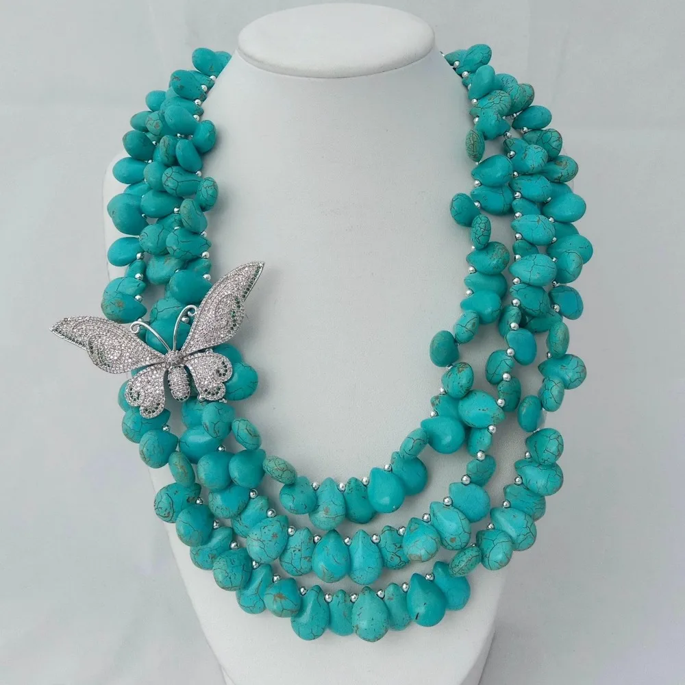 

19" 3 Strands Blue Stone Necklace CZ Pave Butterfly Connector