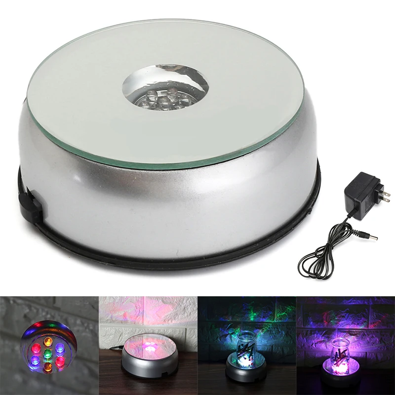 New 7 LED 4'' Unique Rotating Crystal Display Base Stand White Light W/AC Adapter