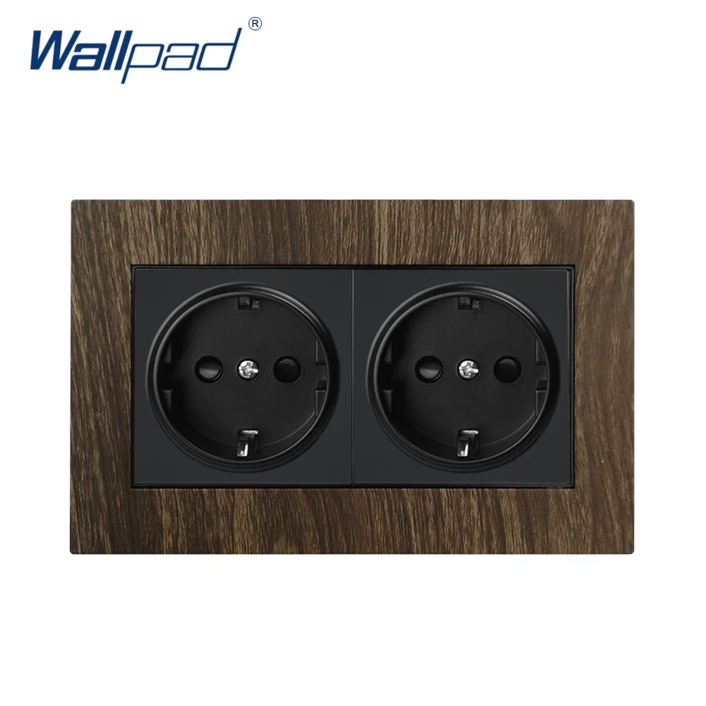 

146*86mm EU Socket Wallpad Aluminium Satin Metal Panel Wood 2 Way EU Schuko Power Socket 110V-240V AC Wall Outlets