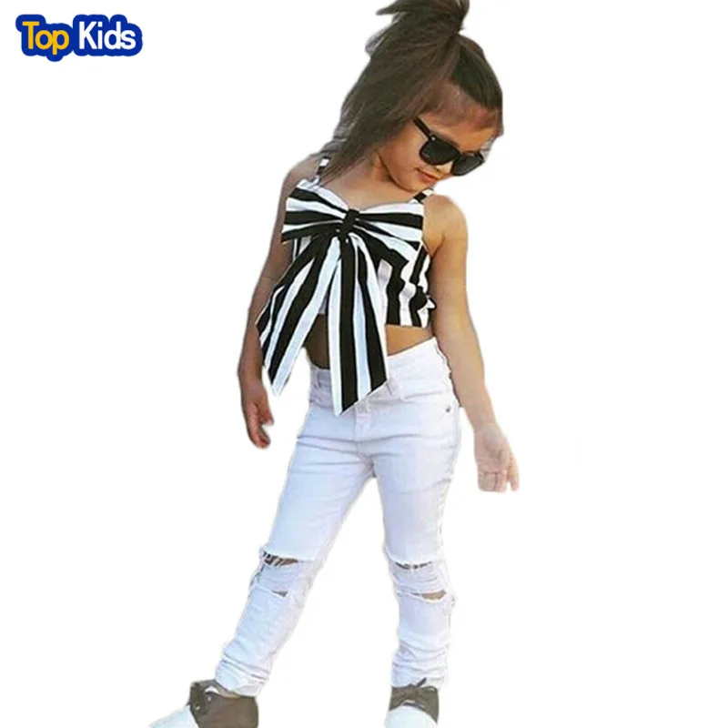 

2018 Fashion Girls Suit stripe Tops + pants 2 Pieces The Strapless Set Kids Bowknot Hole white Jeans girls clothing setMCC028