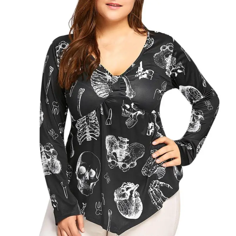 2018 бренд Для женщин Хэллоуин с v-образным вырезом Таро печатных подол нерегулярные рубашка блузка большого размера Blusa футболка для Для