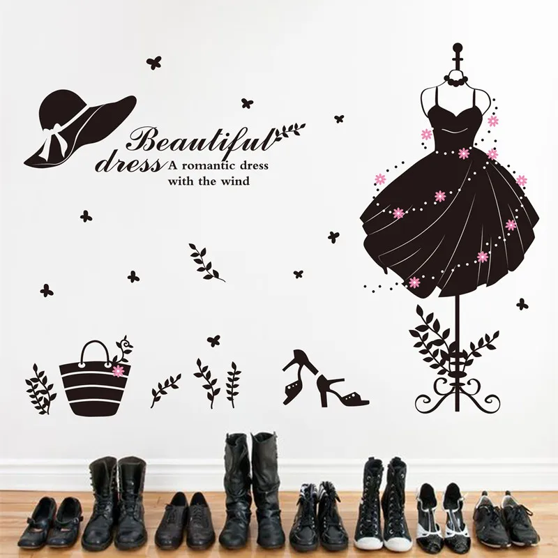 

Beautiful black white dress fashion wall stickers girls bedroom corridor clothing store decoration removable self adhesive decal