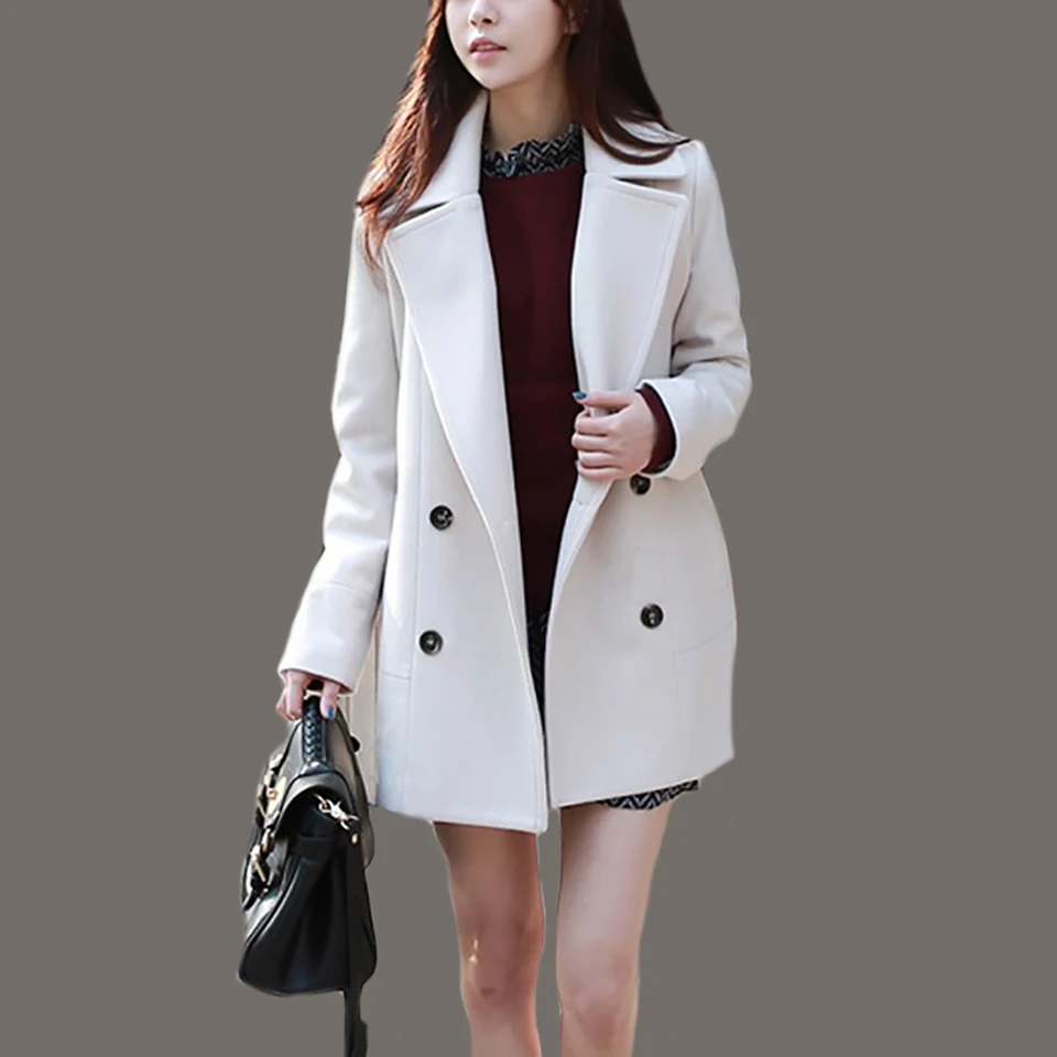 Женская мода Шерстяные Пальто Хан Издание Тонкий Отложным Воротником Двойной