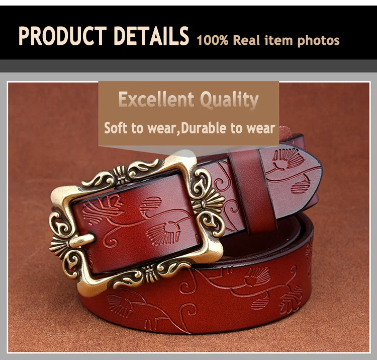 Wide Genuine Leather Belts For Women Vintage Floral Pin Buckle Belt